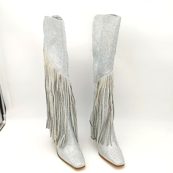 Ouepiano Shoes - Women's Silver Fringe Rhinestone Cowboy Boots Silver 7